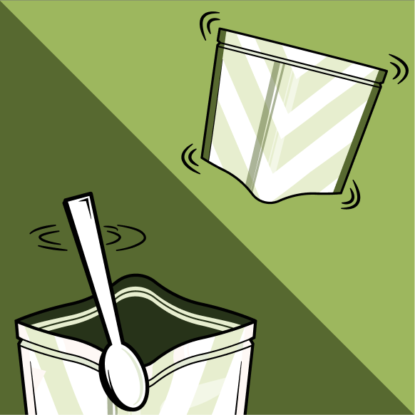 graphic of a shaking bag of organic energy drink mix, and a spoon reaching into an open bag.