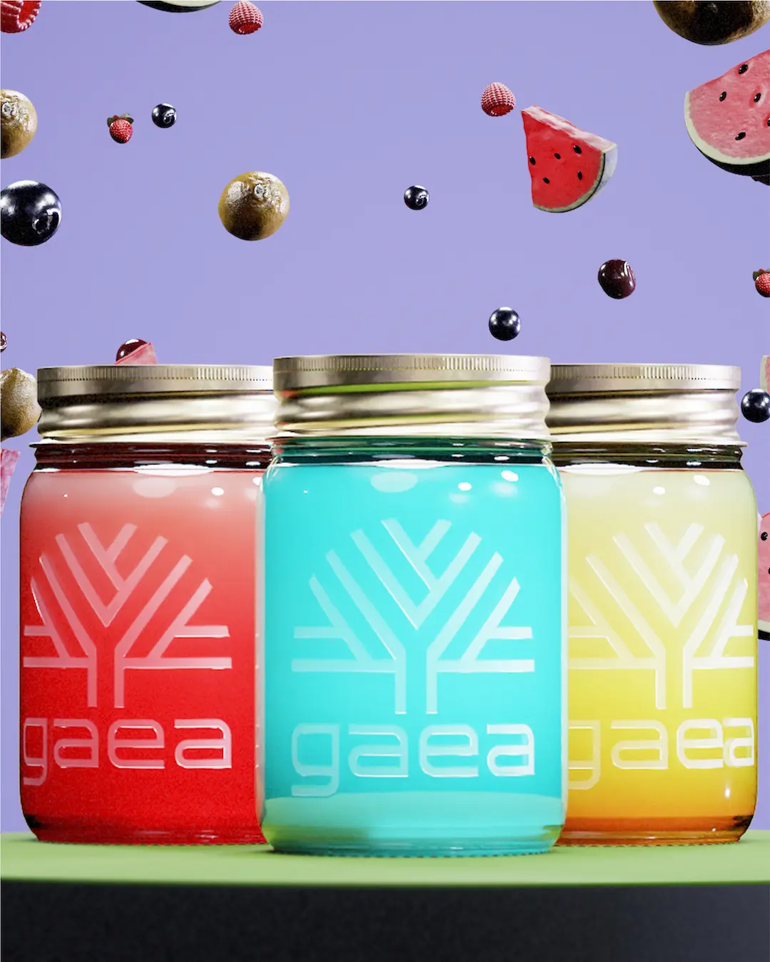 three gaea energy drinks in mason jars with a purple background filled with fruits.