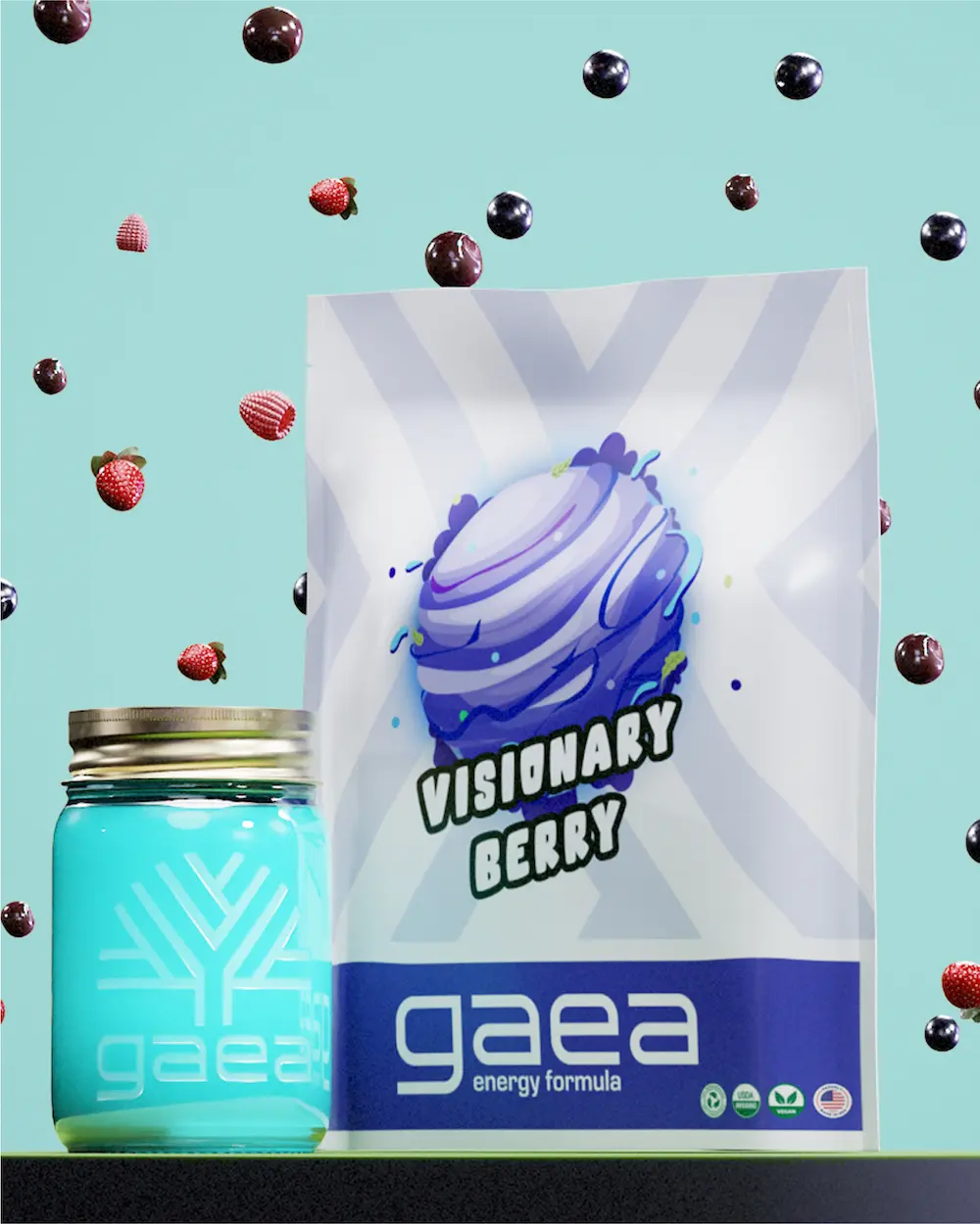 gaea visionary berry energy elixir. pictured in a mason jar and in the bag. blue background with blueberries and raspberries.