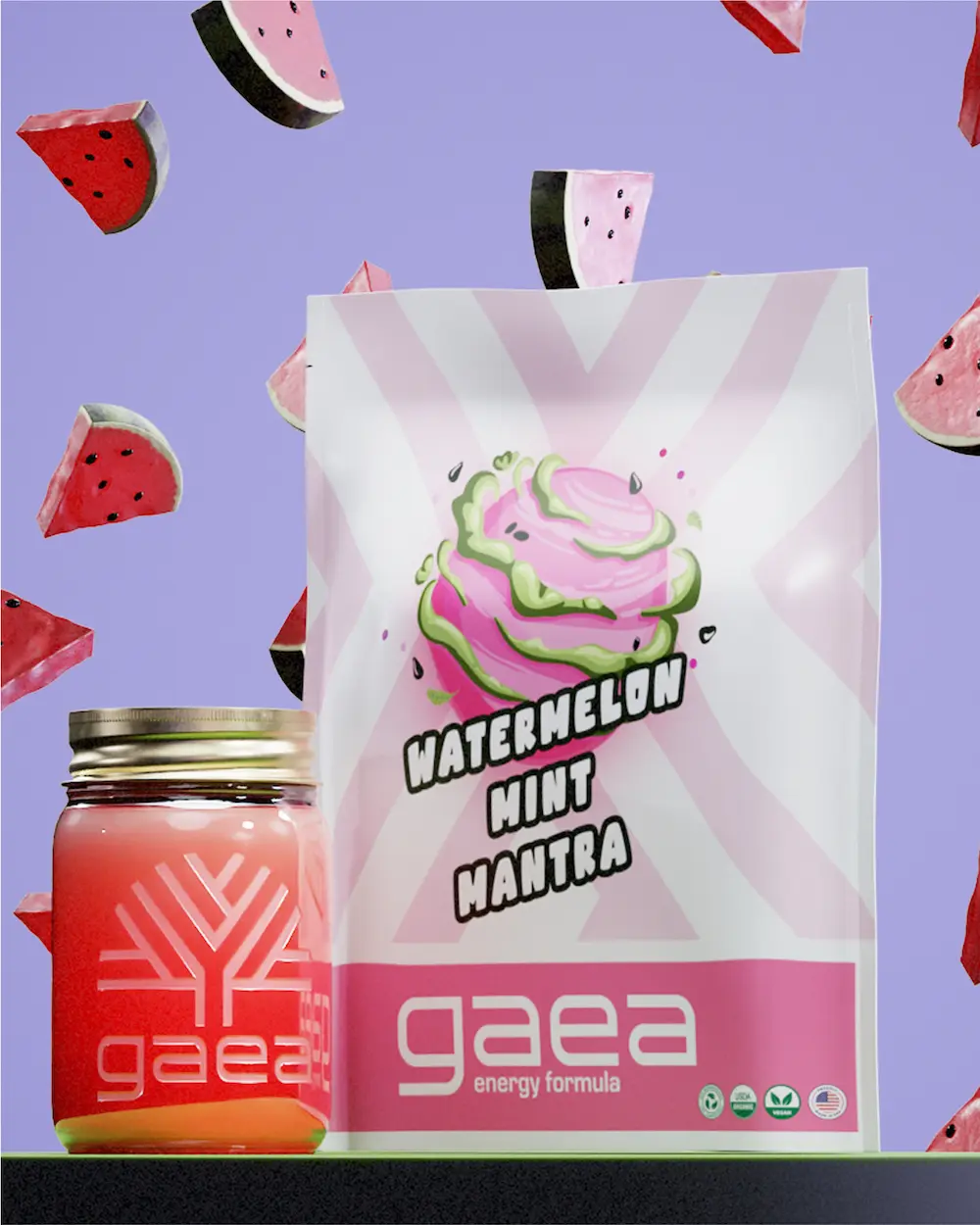 gaea's watermelon mint mantra energy elixir pictured in the mason jar and in the bag. purple background with watermelons.