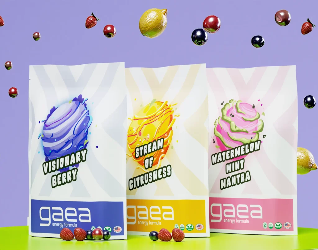 gaea's three energy drink mixes in the bag, pictured on a purple background with fruits.